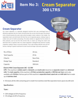 Equipo Lácteo MEI Confiable y Eficiente, Máquina Separadora de Crema de Leche de Alta Capacidad de 300 Litros, Uso Comercial, 50Hz, 220-230W, Delhi