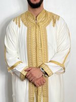 Thobe Marocain Pour Hommes Fait Main en Soie Imprimée Numériquement, Infroissable, Taille XXL, Manches Longues, Style Fête, Abaya Musulmane de Haute Qualité Pour Adultes