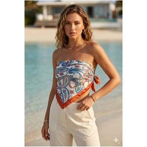 Women's Patterned Satin Neck Scarf <b>Bandana</b> 70x70 <b>Orange</b> Blue Ecru FLR2006 - FLR2006-<b>orange</b> - Product Image 2
