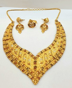 Conjunto de Joyería Étnica Vintage de Latón Chapado en Oro para Mujer, Collar, Aretes y Anillo con Diseño Floral para Boda - Product Image 3