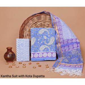 Ensemble traditionnel en coton Kantha avec salwar kameez imprimé à la main et dupatta Kota Doria style dessiné à la main - Product Image 1