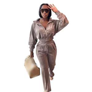 Custom <b>Women's</b> <b>Velvet</b> <b>Tracksuit</b> Set Private Label Two-Piece Hoodie Jogger Long Casual Fashion Vintage Logo - Product Image 2