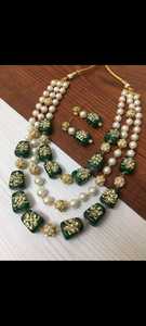 3 Layer High Quality Beads Necklace Set Wholesale Buy <b>Long</b> Pearl Gold Plated Kundan Necklace Set for Women Wedding Party Wear - Product Image 6