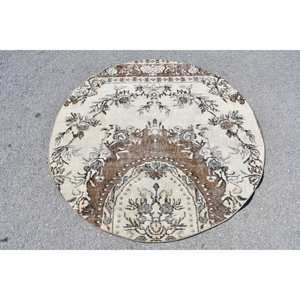 Handmade Classic Brown Beige Wool <b>Rug</b> 4.6 X 4.8 ft Rectangle Patchwork Design Latex Backing for Living Room or Bedroom - Product Image 1