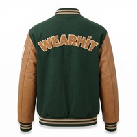 Jaket Varsity Letterman Custom Wearhit Warna Hijau Hutan, Lengan Kulit Cokelat, Patch Chenille, Potongan Longgar, Unisex, Tebal