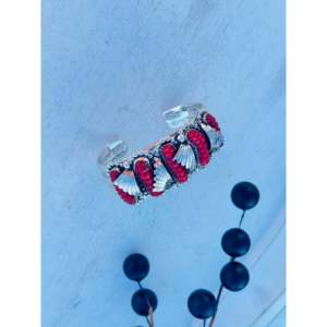 Navajo Handmade <b>Red</b> Coral & Sterling Silver Fashion Cuff <b>Bracelet</b> - Product Image 4