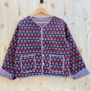 Chaqueta de algodón acolchada Reversible con estampado de bloque de mano indio para mujer, patrón Floral, prendas de vestir exteriores informales, botones, Jersey para todas las estaciones - Product Image 1