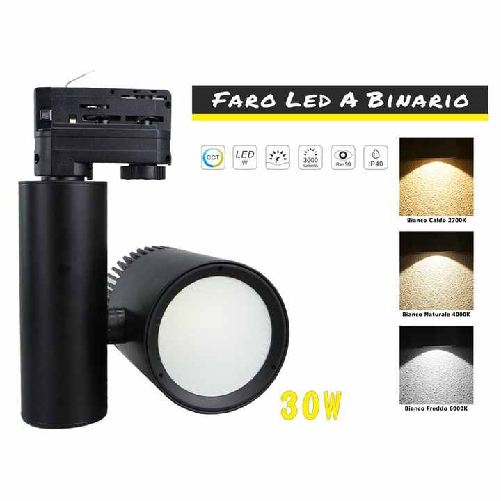 30W Three-Phase LED Track Light, CCT CRI 90, Black Housing, 2700K, 4000K, 6000K, 3-in-1, 24-Degree Narrow Beam - Lighting