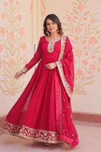 Elegante traje rosa de seda Anarkali Georgette de diseñador para mujer con estampado Dupatta para bodas Elegante vestido de trabajo para niñas - Product Image 4