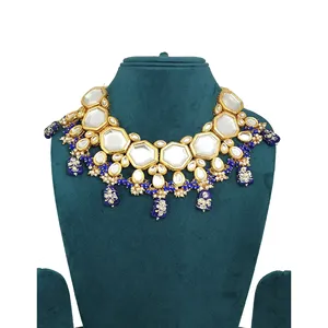 Ensemble de collier Kundan Meenakari bleu avec perles serties plaquées or, style vintage, zircon fin pour mariage ou cadeau - Product Image 3