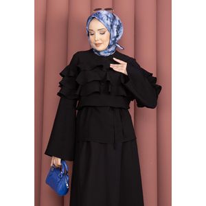 Conjunto de Dos Piezas de Tela Crepé Negra para Mujer, Falda con Detalle de Volantes en Capas, Top Talla XS, Ropa Deportiva para Verano - Product Image 2