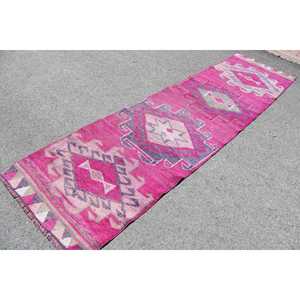 Turkish Vintage <b>Rug</b>, <b>Runner</b> 2.8x11 ft (84x334 cm) <b>Rug</b>, Pink Floral Wool <b>Rug</b> - Product Image 2