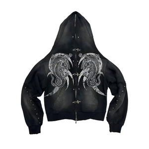 Sudadera con capucha extragrande de invierno con cremallera completa, estilo camuflaje urbano, 100% algodón polar, corte regular, hombros caídos, color negro - Talla XL - Product Image 1