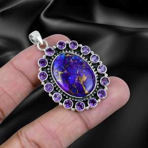 Pendentif améthyste turquoise en cuivre plaqué or plaqué rhodium fait main en argent sterling, cadeau de fête pour femme - Product Image 5