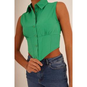 Blusa de Manga Corta Verde con Detalle de Corsé para Mujer, Venta al Por Mayor para Boutiques de Moda, Marca Lustrin - Product Image 1