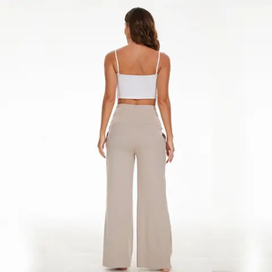 Pantalones de Pierna Ancha de Cintura Alta para Mujer, Color Sólido, Corte Holgado, Cintura Elástica, Pantalones Casuales de Verano de Punto de Algodón y Elastano con Bolsillos - Product Image 4