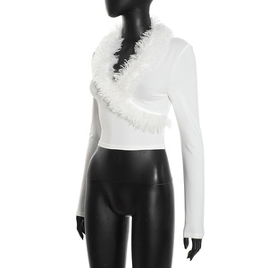 Camiseta Corta de Manga Larga con Cuello en V Profundo, Ajustada, Informal, Tejida, Lisa, Elástica, con Cuello de Piel Sintética - Product Image 5