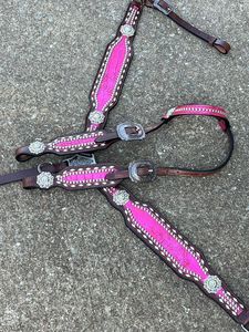 Hipoalergénico Caballo Cocodrilo Cuero Headstall & Breast Collar Pink Tack Set para todo clima Equitación para exportación Venta - Product Image 2
