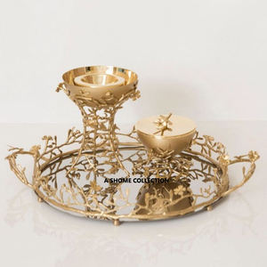 Mabkhara chapado en oro con soporte de diseño de forma frondosa Oriente Medio árabe aromático decoración del hogar Juego de quemador de incienso de Metal - Product Image 1