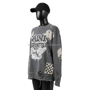 Sweat-shirt oversize en tissu délavé en coton polaire de couleur grise avec logo personnalisé imprimé bouffant Sweatshirts respirants pour femmes - Product Image 4