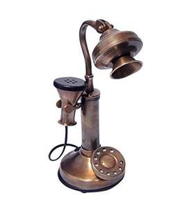 Teléfono decorativo vintage de madera y latón Este teléfono recibe un teléfono giratorio de latón de madera de aspecto vintage - Product Image 6