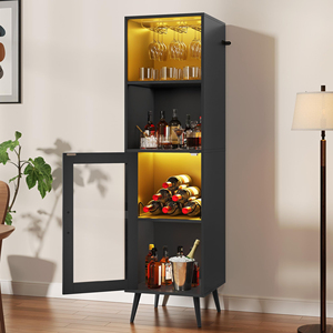 Armoire à bar haute noire moderne avec éclairage LED, porte en verre, rangement pour spiritueux, armoire à <span class=keywords><strong>vin</strong></span> autoportante pour salle à manger - Product Image 1