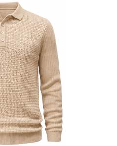 เสื้อโปโลถักลายผู้ชาย แขนยาว คอติดกระดุม สไตล์ลำลอง สำหรับฤดูหนาว สีเบจอ่อน สำหรับขายส่งจำนวนมาก - Product Image 4