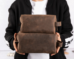 Bolsa de maquillaje de cuero genuino de estilo Vintage con cremallera, logotipo personalizado para hombre, neceser organizador, neceser de estilo vintage de cosméticos, bolsa de cosméticos para el LYG-0009 - Product Image 2