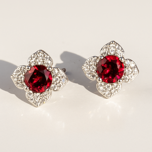 Red Garnet Floral CZ Halo Prong <b>Set</b> <b>Stud</b> <b>Earrings</b> Sterling <b>Silver</b> Rhodium Plated Women's Romantic Party Wedding Anniversary - Product Image 1