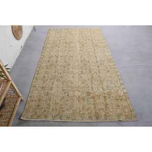 Tapis en laine à fleurs beige vintage de 4.3x7.6 pieds, patchwork fait main, rectangle, pour salon, bambou, soie, polyester, latex - Product Image 1