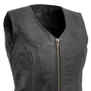 Venta caliente Chaleco de cuero genuino para mujer etiqueta privada personalizada diseño único a prueba de viento cierre de cremallera Color sólido de punto alto - Product Image 3