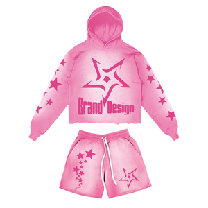 OEM Custom Logo Men's Sets Sun Faded Raw Hem Two Piece Sweat Jogger Acid Wash Hoodies and Shorts Sets Men CustomMade Short Sets - Product Image 4