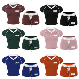 Ensemble de détente gaufré personnalisé pour femme, vêtements de sport, ensemble de détente en tricot gaufré court, chemises à manches longues et shorts pour femme - Product Image 6