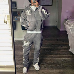Trajes de sudor de lavado ácido Algodón Grueso Zip up Apliques Bordado Parche Acampanado Chándales completos Sudaderas con capucha y pantalones de chándal Conjuntos para hombres - Product Image 2