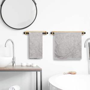 Porte-serviettes de salle de bain en métal industriel avec support mural en bambou naturel, porte-serviettes de bain et pour les mains en 2 pièces - Product Image 2