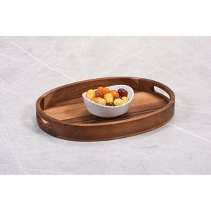 Plateau unique en bois de manguier de couleur beige chaud avec une forme ronde élégante et un design texturé idéal pour servir et exposer - Product Image 1