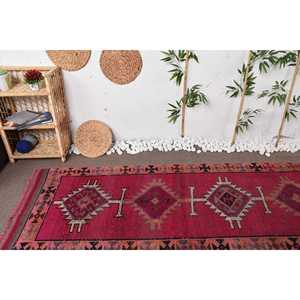Vintage Rug, <b>Runner</b> 3.2x11.5 ft Turkish Rug, <b>Red</b> Plants & trees Wool Rug - Product Image 5