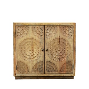 Armoire à deux portes en bois de manguier sculptée à la main Meubles de rangement au design moderne pour salon, salle à manger et chambre à coucher Finition en bois naturel - Product Image 1