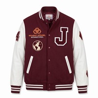 Veste universitaire en chenille bordeaux et blanc avec patch globe en chenille, manches en cuir véritable, personnalisable, OEM