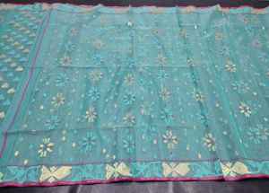 Nueva llegada Deshi Dhakai Jamdani Sharee calidad de exportación para mujeres JAMDANI tela azul rojo verde dorado cielo azul de Bangladesh - Product Image 4