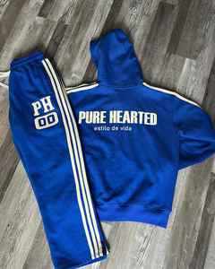 Ensemble sweat-shirt et pantalon de survêtement à imprimé délavé personnalisé, en coton, streetwear, avec bande latérale, pour l'hiver, survêtement ample - Product Image 6