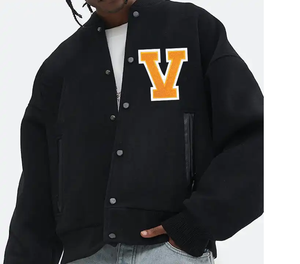 Venta al por mayor personalizable chaqueta de béisbol de lana para los hombres de invierno Casual Varsity chaqueta OEM servicio Bla Letterman diseño sin cuello - Product Image 4