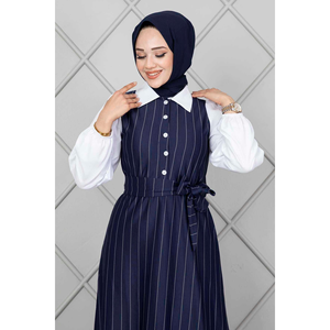 Vestido Hijab Manga Elástica Rayas Azul Marino - Product Image 1