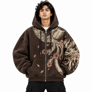 Sweat à capuche zippé pour homme, marron foncé, avec impression graphique personnalisée, motif floral d'ailes, manches longues, style streetwear, personnalisable OEM, marque privée - Product Image 1