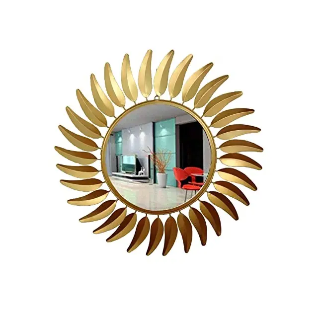Metal Wall Mounting Mirror With Gold Powder Coating Finishing Cones Design Round Shape High Quality For Home Decoration