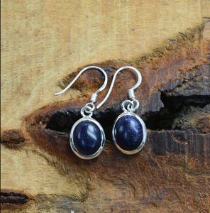 925 Sterling Silver Dangle Drop Earrings with Blue <b>Sandstone</b> Bezel Set Stylish Fashionable Pair of Drop Earrings - Product Image 3