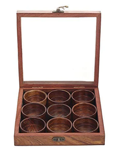 Boîte à sel et poivre en bois avec cuillères en métal doré Pots à épices de cuisine de forme ronde à des prix attractifs - Product Image 4