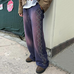 Pantalon de survêtement évasé de haute qualité unisexe pantalon de survêtement vintage en éponge française lavé à l'acide survêtement à pile délavée par le soleil pour hommes - Product Image 1