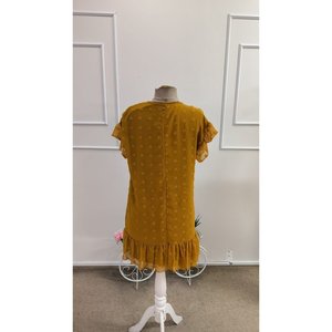 Robe courte en mousseline de soie à pois pour femme, col en V, manches courtes, 34676 - Moutarde - Product Image 5