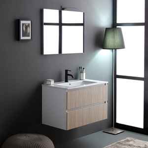 Mueble de Baño de Roble Blanco y Dorado de 80 cm con Espejo Bali de 80x60 cm, Elegante Conjunto de Muebles de Baño - Product Image 1
